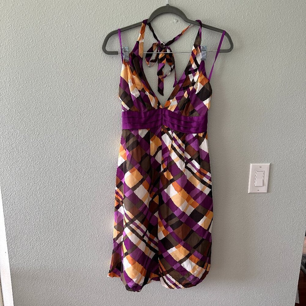 Moulinette Soeurs Anthropologie Halter Knee Length Dress Purple Plaid 6 Tropical
